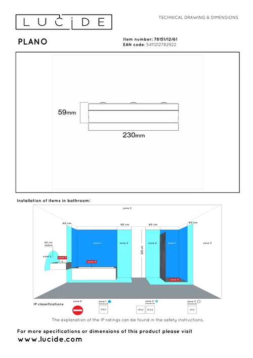 Lucide PLANO - Deckenleuchte Badezimmer - Ø 23 cm - LED Dim. - CCT - 1x11W 2700K/4000K - IP44 - Opal - technisch